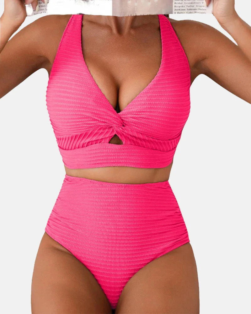 Textured Twist Front High-Waisted Bikini Set - Image 23